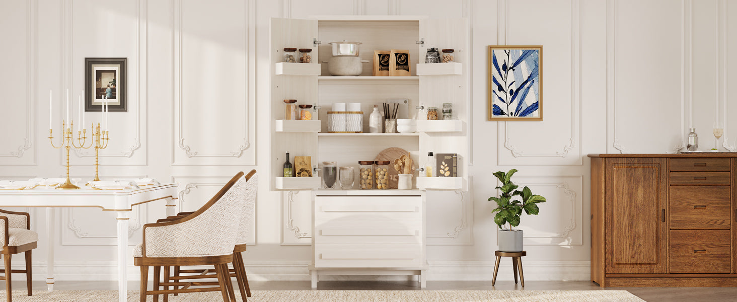 70" Kitchen Pantry Cabinet with 2 Cabinet Shelves,Luxurious Wooden Cupboard with 6 Door Shelves and 3 Drawers for Kitchen, Dining Room,White image 2