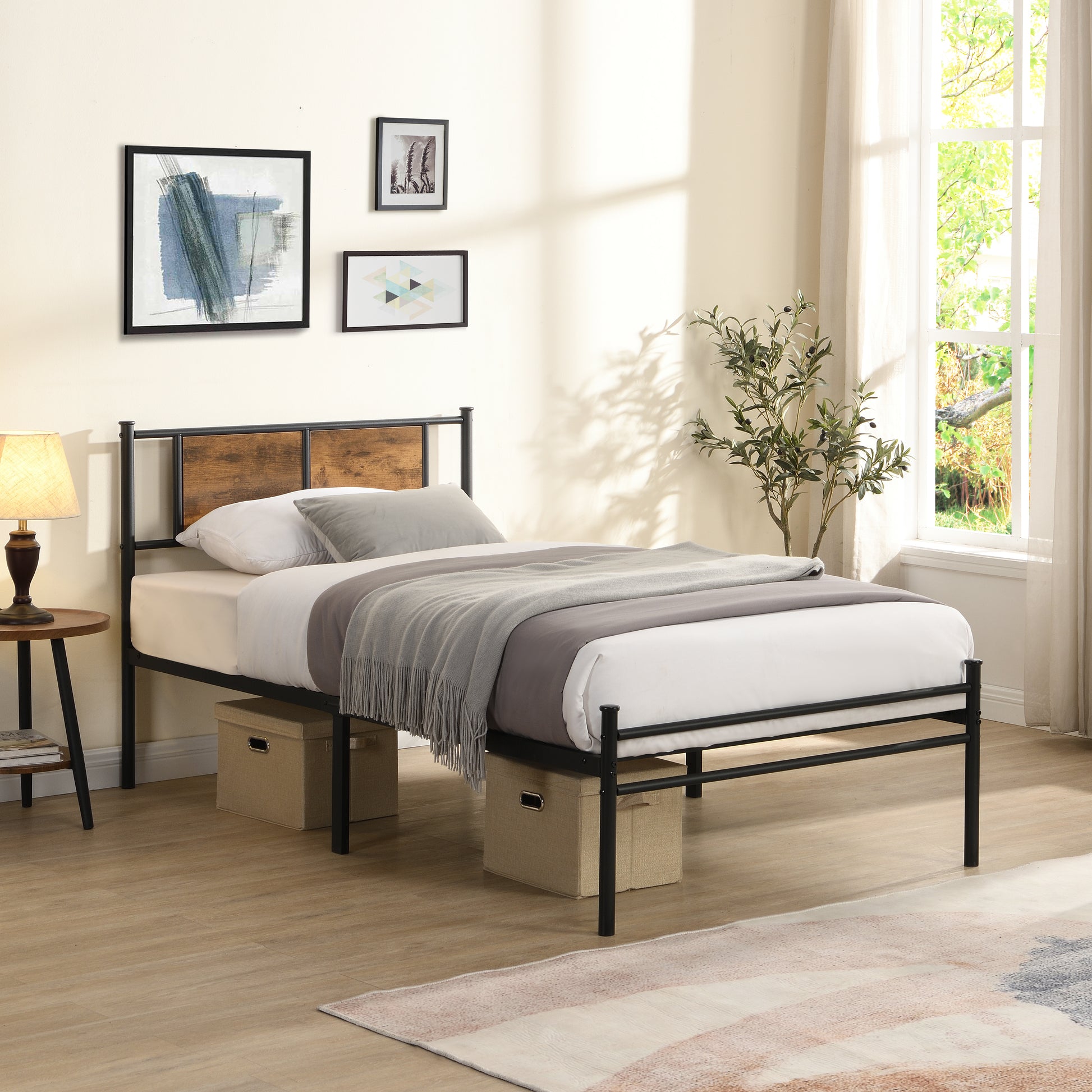 Twin Size metal bedframe,Headboard with wood panel decoration,black image 1