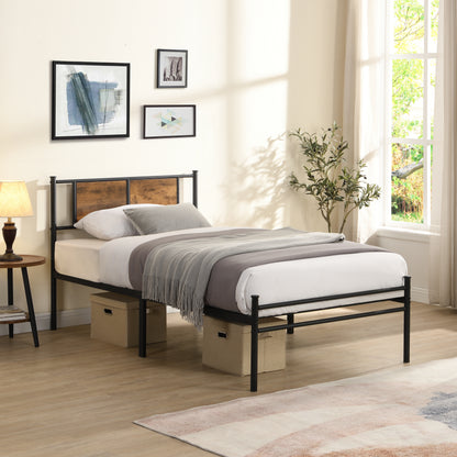 Twin Size metal bedframe,Headboard with wood panel decoration,black image 1