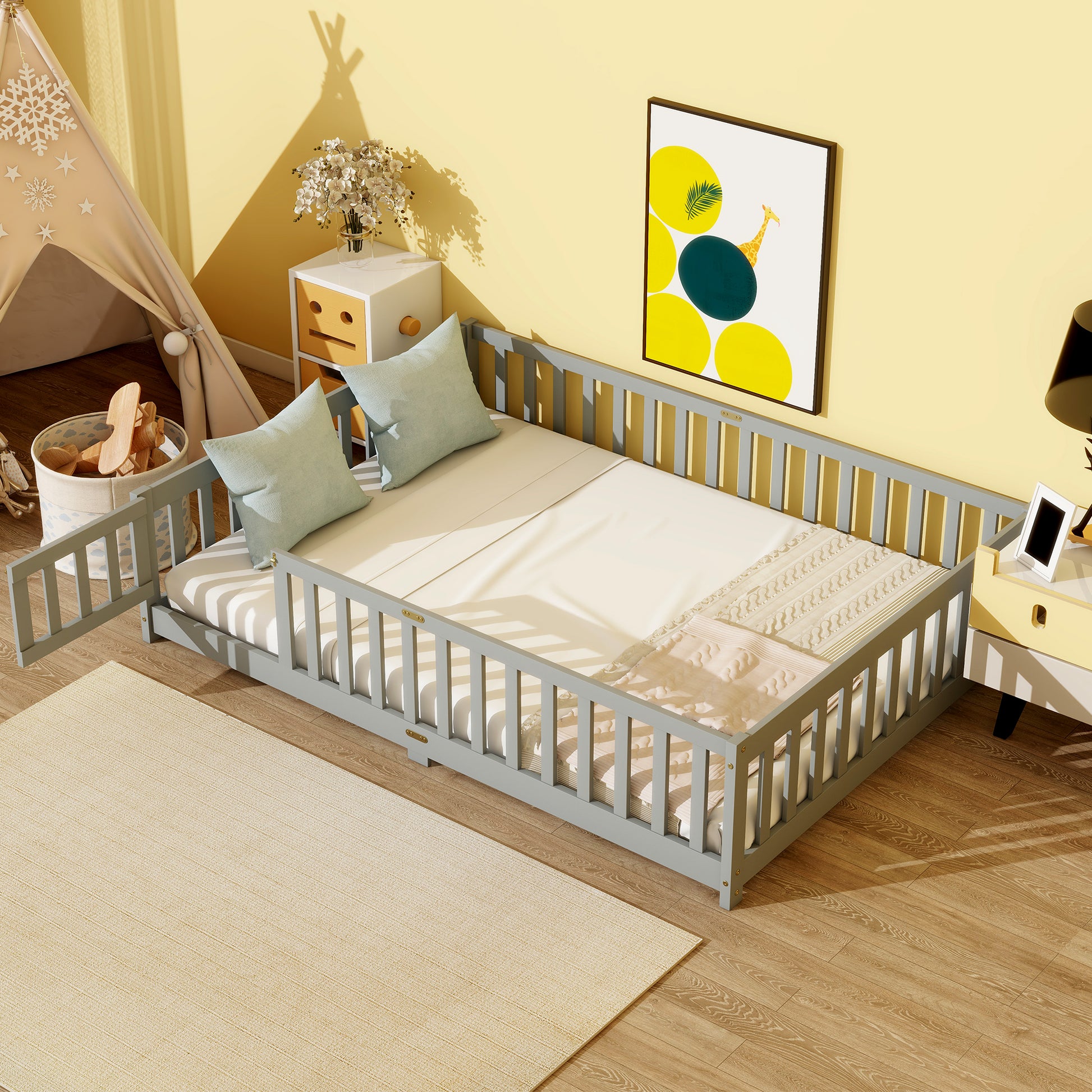 Full Size Floor Bed with Fence and Door,Rubber Wood Floor Bed with Safety Guardrails,Grey image 1