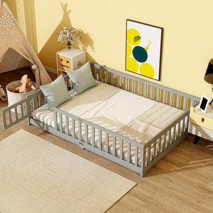 Full Size Floor Bed with Fence and Door,Rubber Wood Floor Bed with Safety Guardrails,Grey image 1