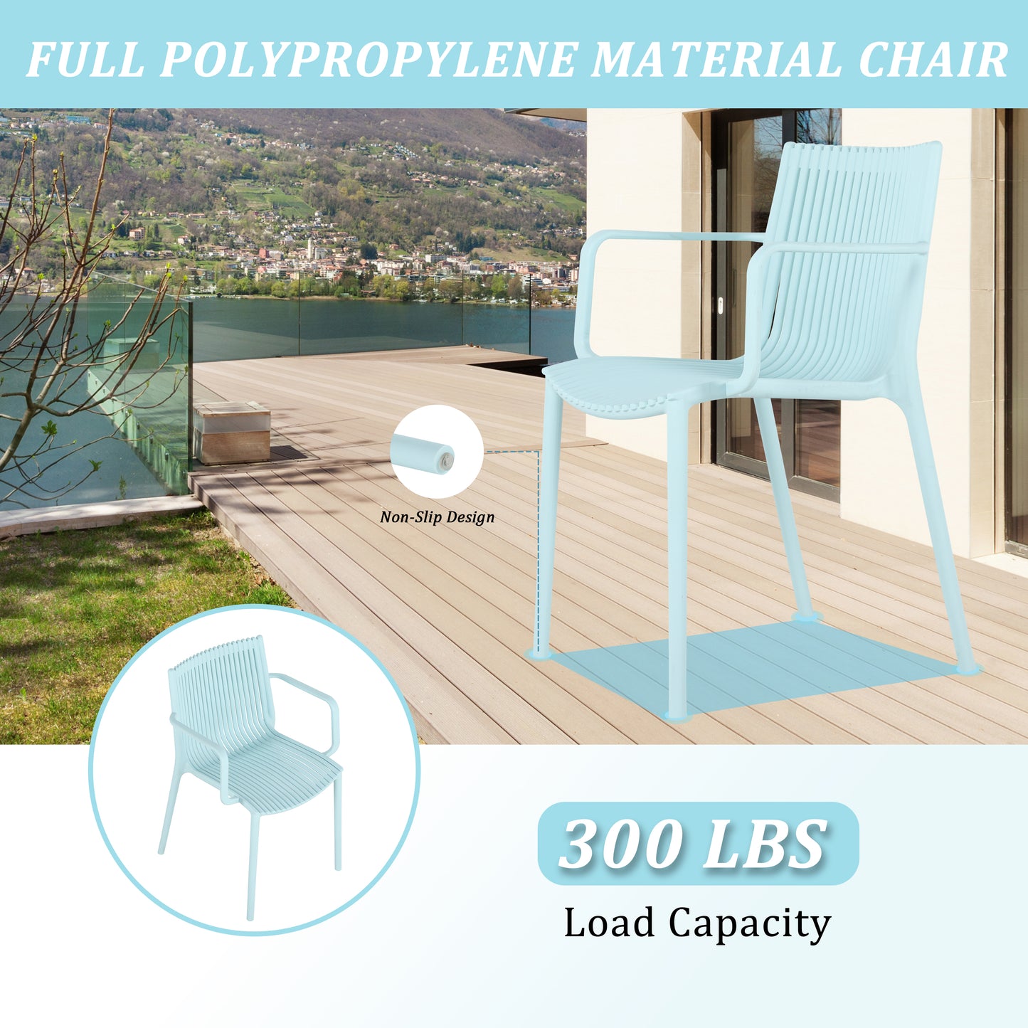 Summer - 4pcs Light Blue Stackable PP Armchair for Indoor/Outdoor Use – Ergonomic Slatted Back with 36 Inch Indoor/Outdoor Modern White Round PP Table image 10