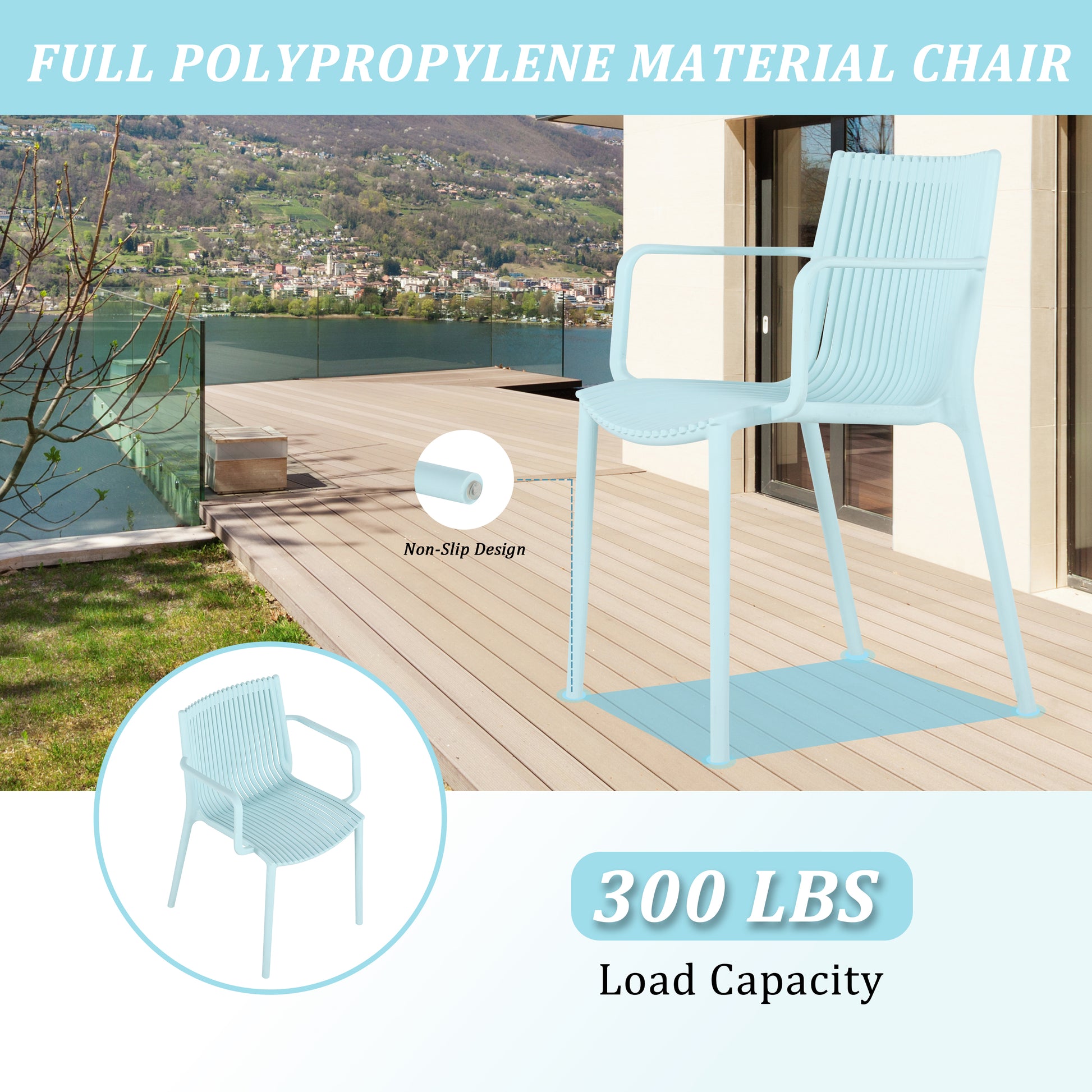 Summer - 4pcs Light Blue Stackable PP Armchair for Indoor/Outdoor Use – Ergonomic Slatted Back with 36 Inch Indoor/Outdoor Modern White Round PP Table image 10