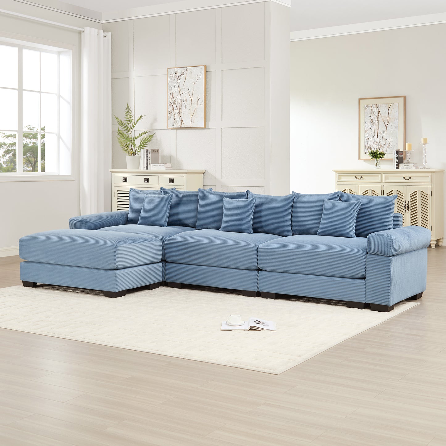 130" Oversized Cloud Modular L-Shape Sectional Couch, Soft Corduroy Fabric,With An Ottoman, Deep Seat Wide Armrest Ergonomic Design 9 Pillows Easy Assembly,For Living Rooms Bedroom,Blue image 2