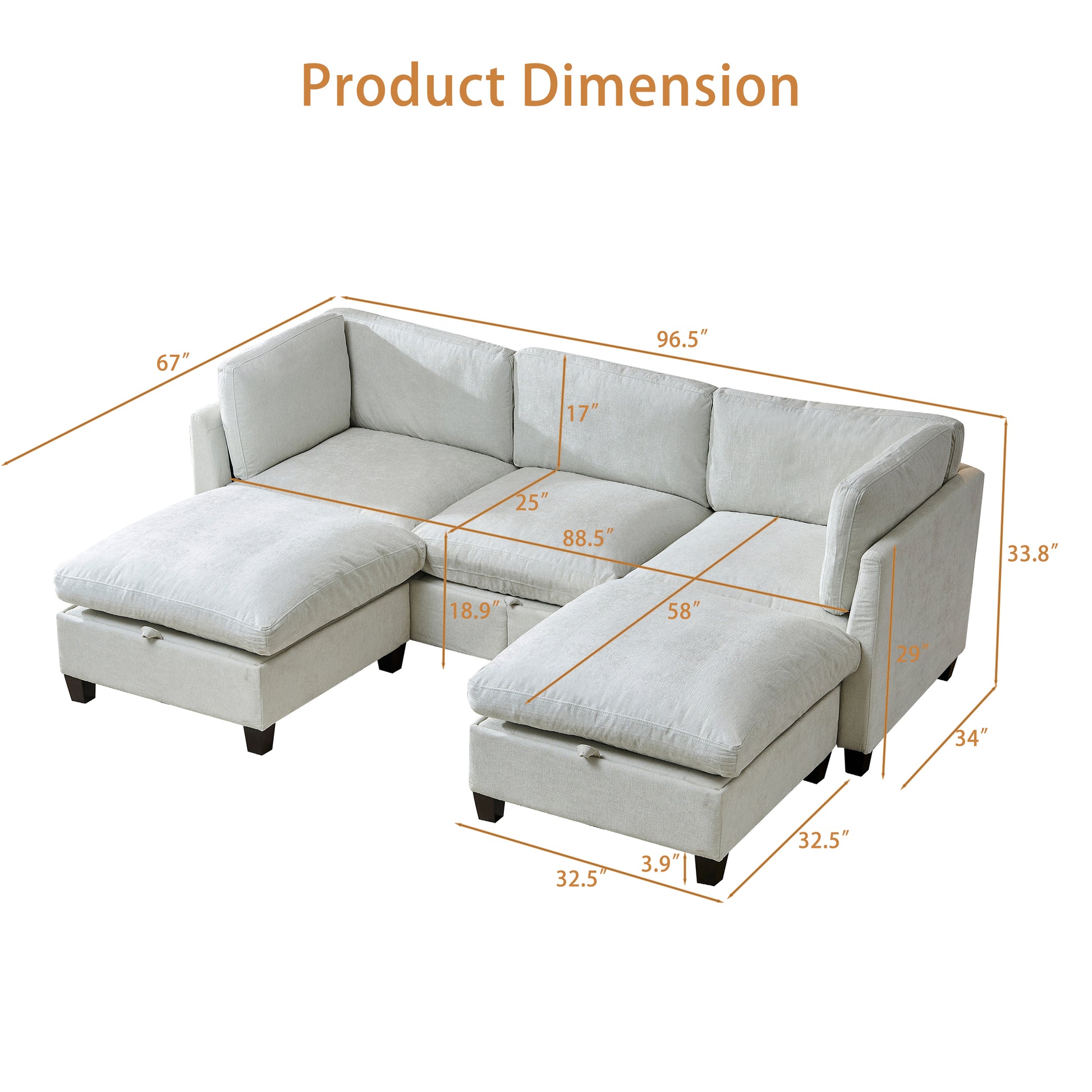 96.5" Sectional Couch for Living room, Upholstered Soft Chenille Fabric Sofa with Storage, 3-Seater with Two Ottomans U Shape Sofa Beige image 12