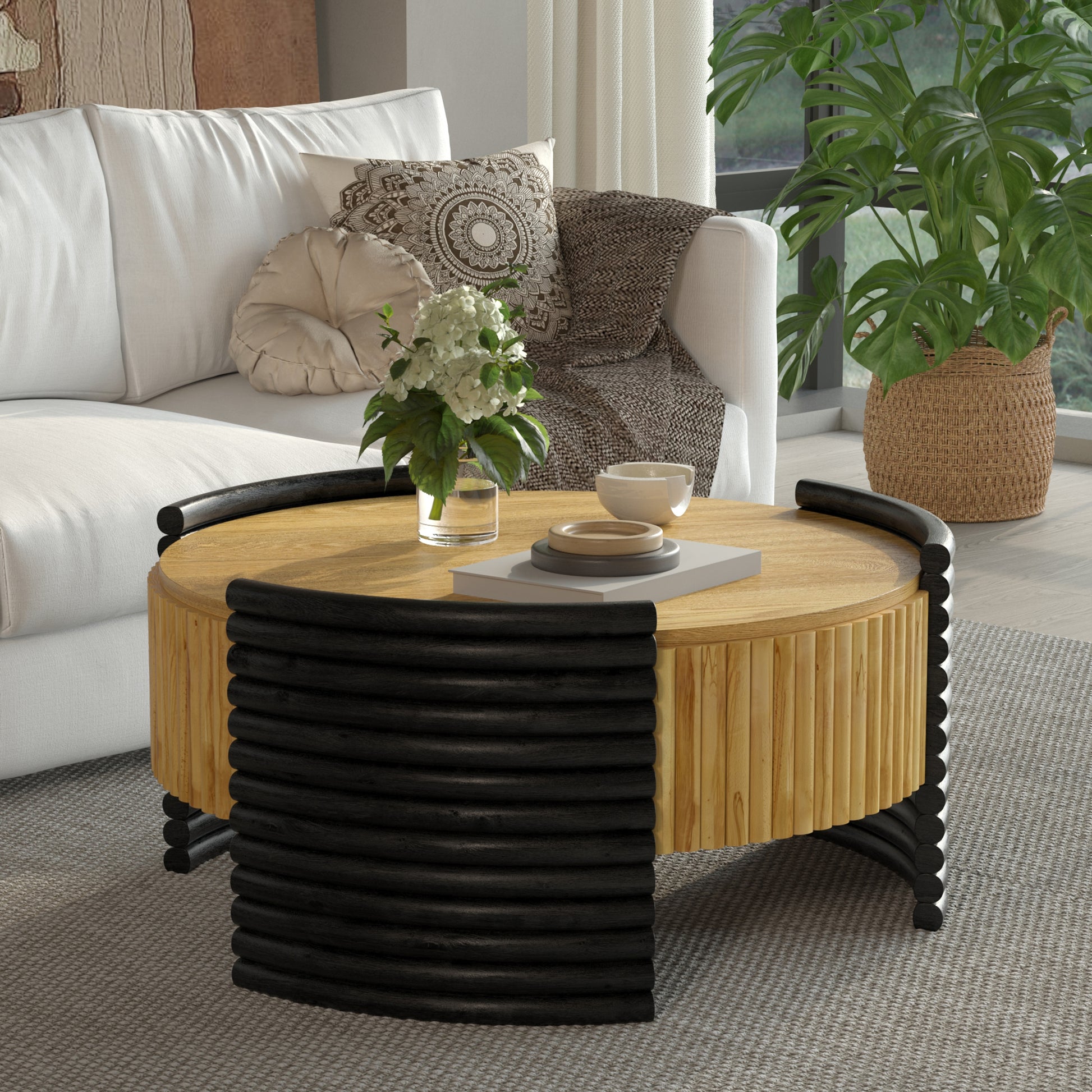31.50" Modern Colorblocked Striped Coffee Table with Flip Top Storage Coffee Table - Natural Wood Finish for Living Room, Apartment, Office, Easy to Assemble, Wooden Color Tabletop + Dark Brown image 5