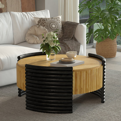 31.50" Modern Colorblocked Striped Coffee Table with Flip Top Storage Coffee Table - Natural Wood Finish for Living Room, Apartment, Office, Easy to Assemble, Wooden Color Tabletop + Dark Brown image 5