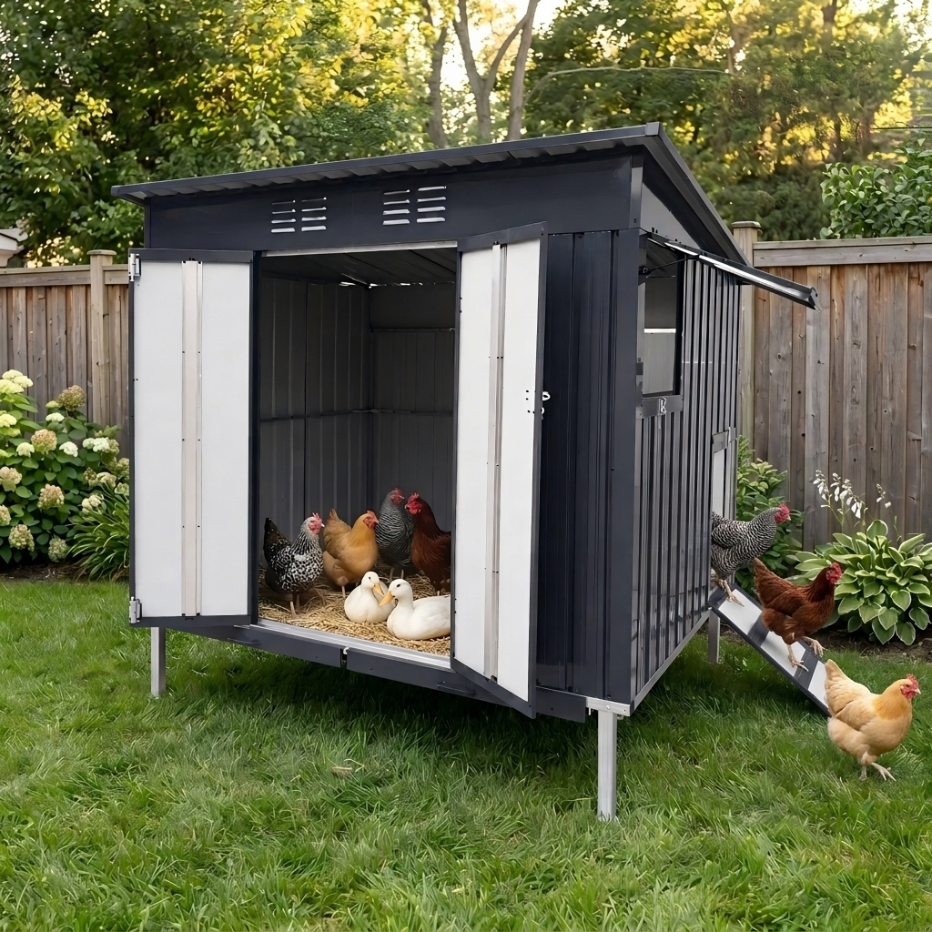 Outdoor Galvanized Metal Chicken Coop with Pull Out Waste Trays, Raised Base & Adjustable Vent Window, Weatherproof Large Poultry Cage for Backyard Hen Duck Small Animal Housing image 1