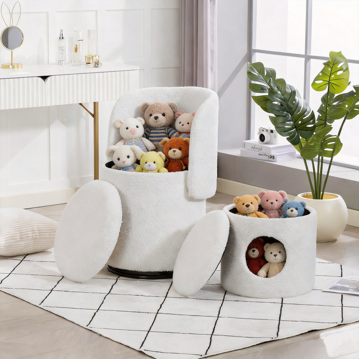 Stylish Upholstered Barrel Chair: 360° Swivel Vanity Stool for Bedroom & Dining Chair, Built-in Storage, Soft Padded Accent Seat, Multi-Functional for Dressing/Dining, Free Cat Bed Stool Included, image 10