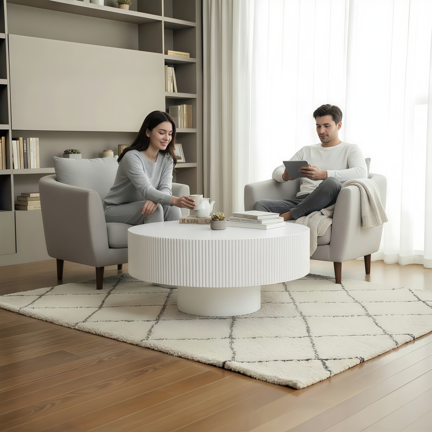 Round Coffee Table, Fluted Coffee Table with Sturdy Pedestal, Mid Century Modern Coffee Table for Living Room, Bedroom, Terrace, Office, Small Space (White Round Thick) image 9