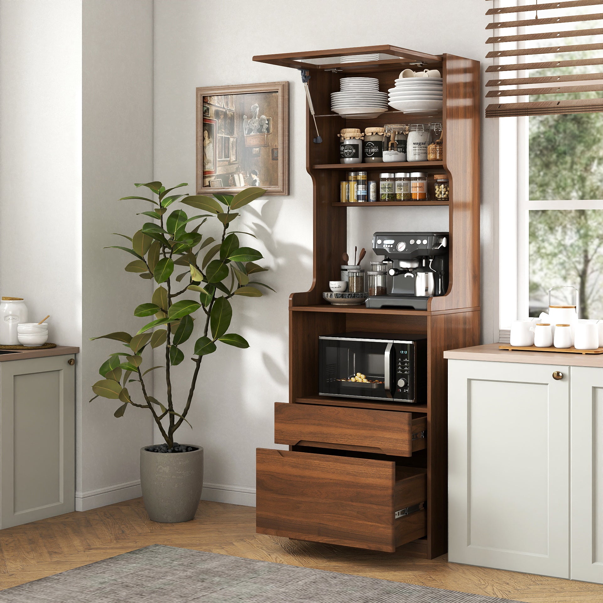 Kitchen Pantry Hutch Storage Cabinet, Farmhouse Kitchen Hutch Buffet Cabinet with Microwave Stand, Freestanding Buffet Sideboard Coffee Bar Cabinet image 1