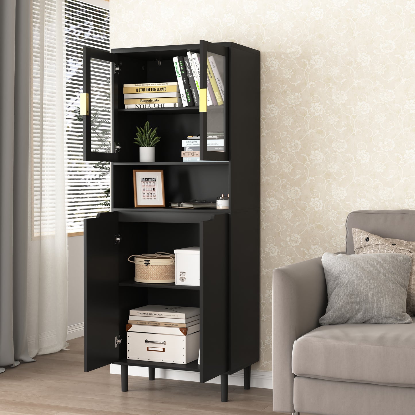 Tempered Glass Door Tall Storage Bookcase with adjustable board, 4 doors MDF painting finished cabinet, Black, Living room Bedroom storage image 4