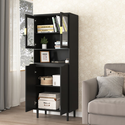 Tempered Glass Door Tall Storage Bookcase with adjustable board, 4 doors MDF painting finished cabinet, Black, Living room Bedroom storage image 4