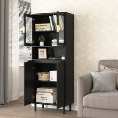 Tempered Glass Door Tall Storage Bookcase with adjustable board, 4 doors MDF painting finished cabinet, Black, Living room Bedroom storage