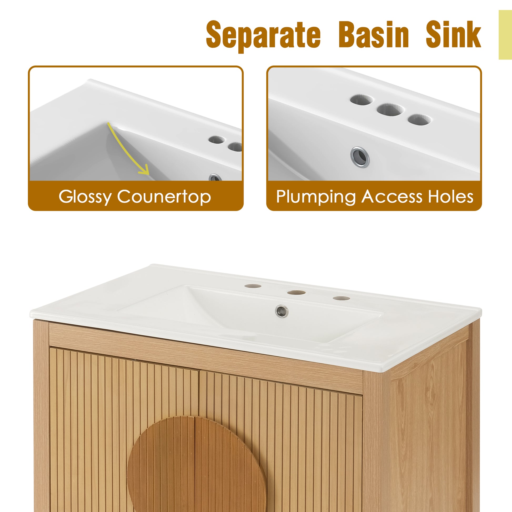 30 Inch Fluted Bathroom Vanity with Sink - Freestanding Modern Wood Cabinet with Soft-Close Doors, 1 Drawer & Open Storage, Decorative Circular Accent, Solid Wood & MDF Build, image 8