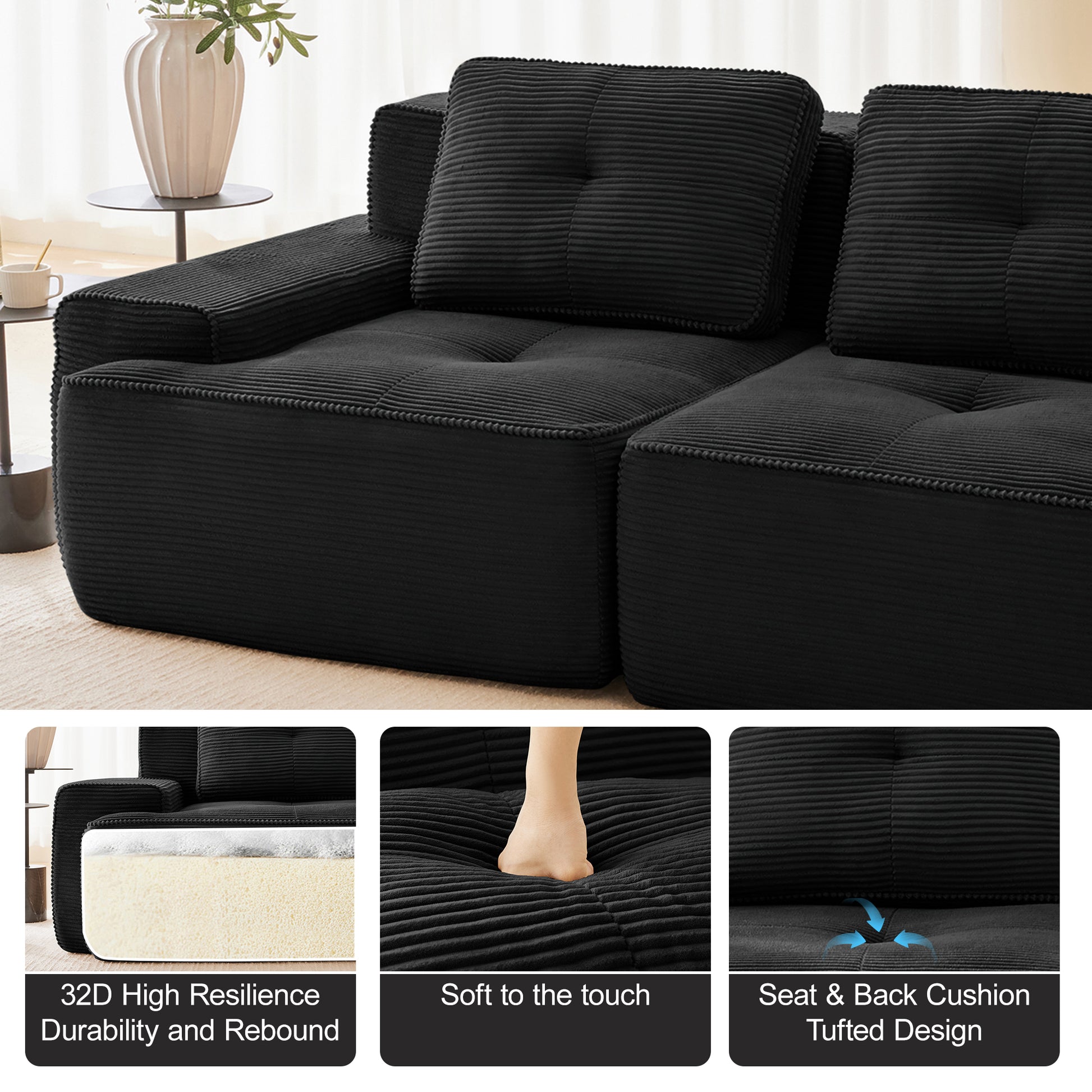 Modular Sectional Sofa with 5-Seater,V Shaped Corner Couch,Corduroy Fabric,2 Movable Ottomans, Deep Seat for Living Room, Pearl-like piping, Tufted Design, No Assembly, Anti-slip Design,Black image 10