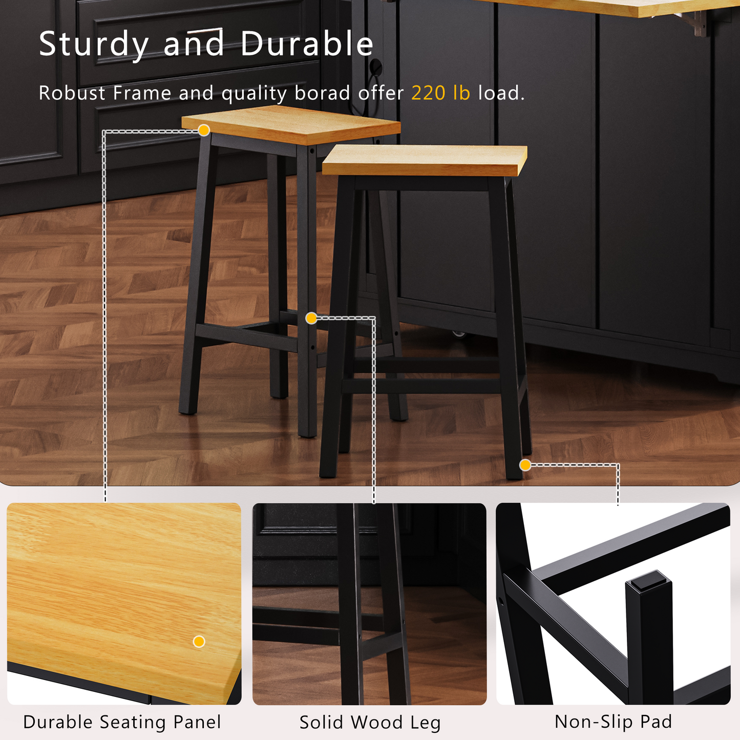 K&K Solid Wood Bar Stools (Not Cheap Iron), 25.6" Tall Set of 2 Bar Chairs, Kitchen Counter Stools with Footrests, Farmhouse Stools for Dining Room, Kitchen, Counter, Black image 4