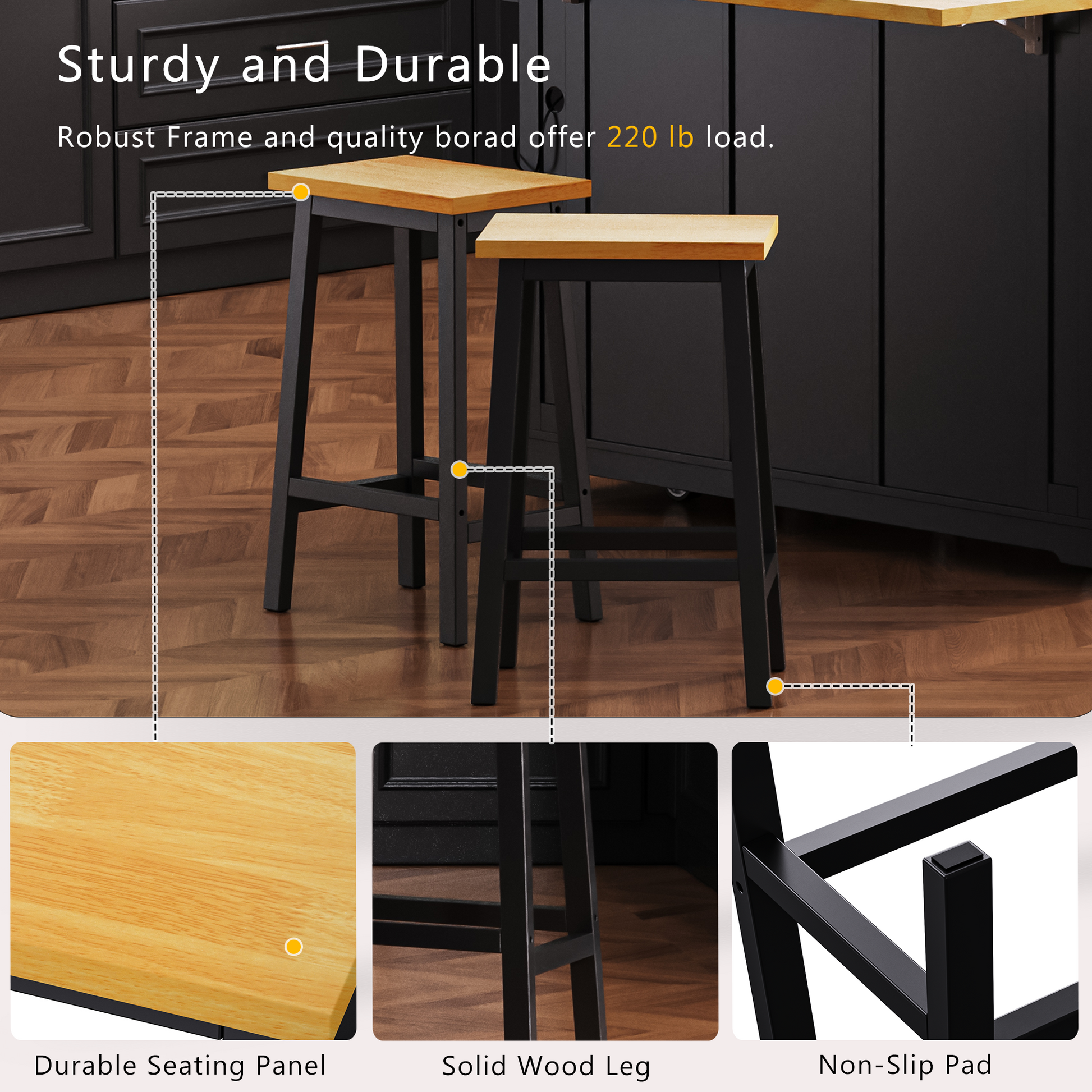 K&K Solid Wood Bar Stools (Not Cheap Iron), 25.6" Tall Set of 2 Bar Chairs, Kitchen Counter Stools with Footrests, Farmhouse Stools for Dining Room, Kitchen, Counter, Black image 4
