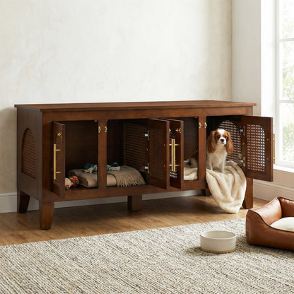 Lars Indoor Rattan Decorated Rubber Wood Dog Crate Cabinet Furniture – Stylish Pet Kennel with 4 Doors for Living Room image 1
