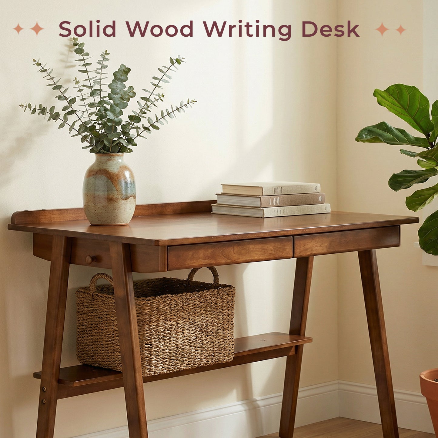 Solid Wood Writing Desk, Home Office Desk for Small Spaces, Mid Century Modern Desks with 2 Drawers & Storage Shelf, Standing Desk with Side Hooks for Study, Bedroom, Office (Walnut) image 6