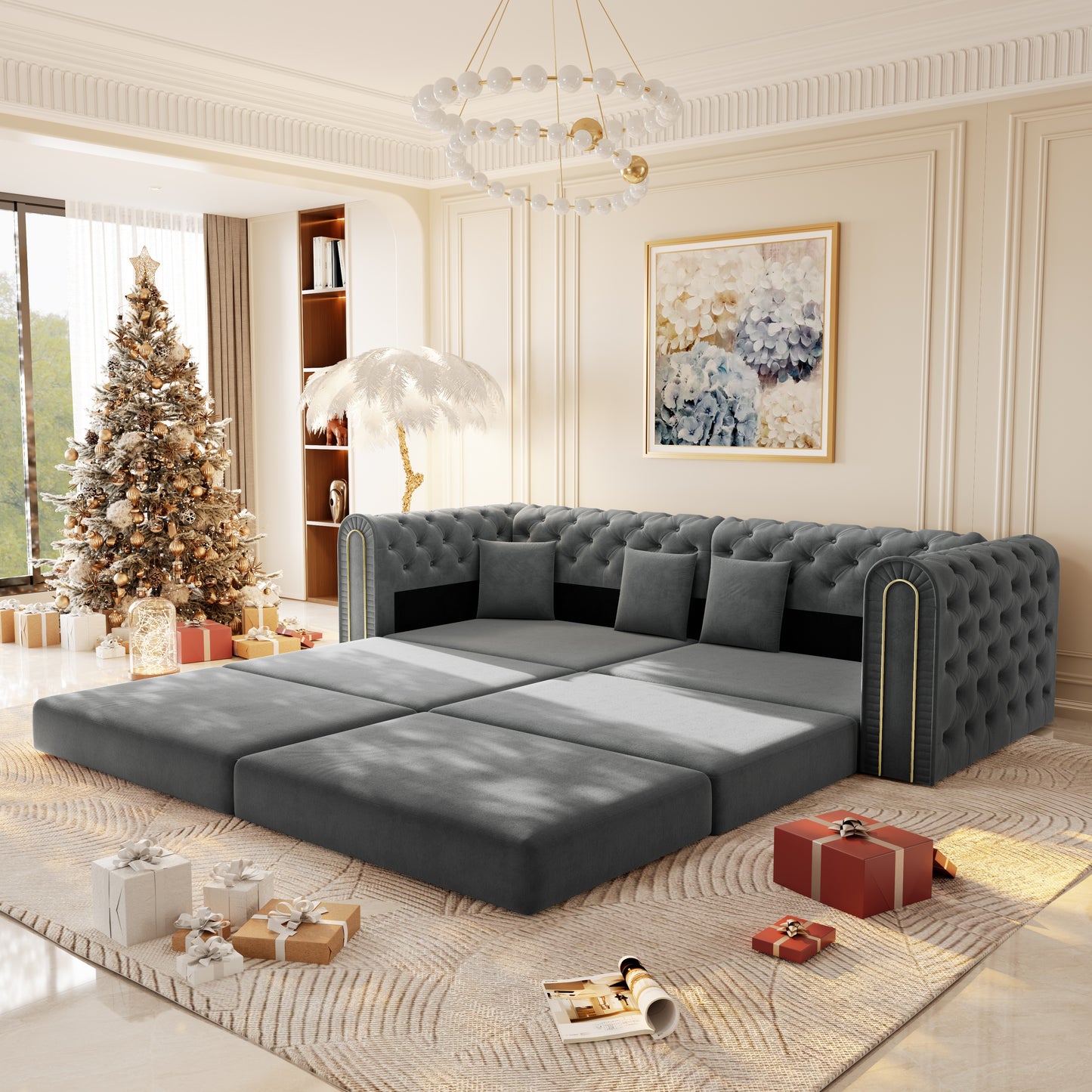90.6" 3-in-1 Convertible Sleeper Sofa,Elegant Modern Couch with Button Tufted and Gold Edge Trim,3-Seater Couch with Movable Ottoman for Living Room,Apartment,Office,Bedroom,Dark Grey image 6