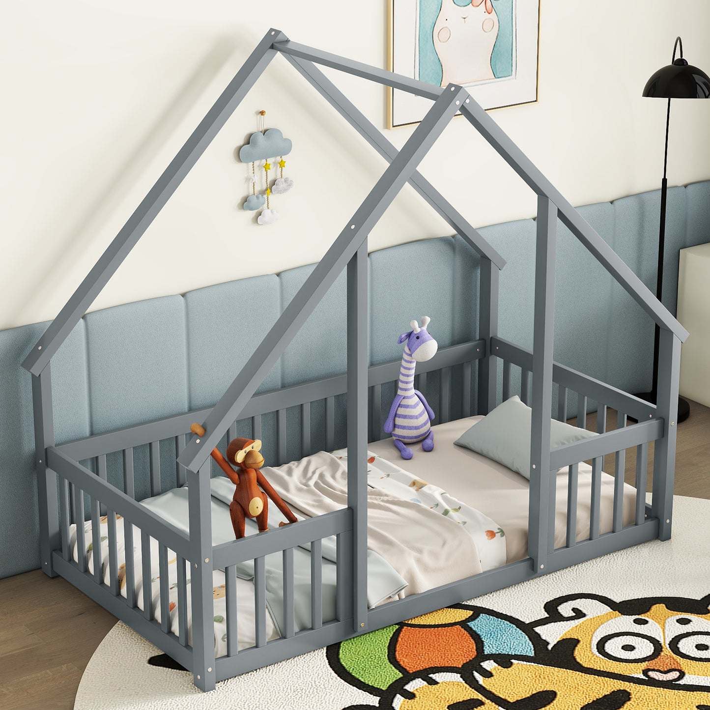 Twin Wood House-Shaped Floor Bed with Fence, Guardrails,Grey image 8
