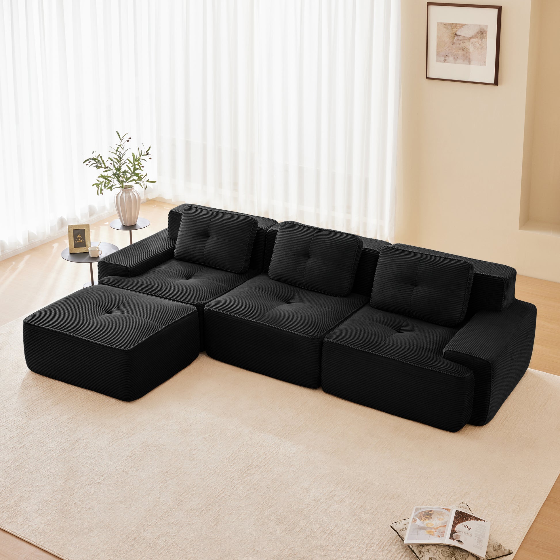 117" Modern L-Shaped Modular Sectional Sofa for Living Room, Corduroy Fabric,3-Seater Couch with Deep Seat and Movable Ottoman,Pearl-like piping, Tufted Design,No Assembly, Anti-slip Design​, Black image 1