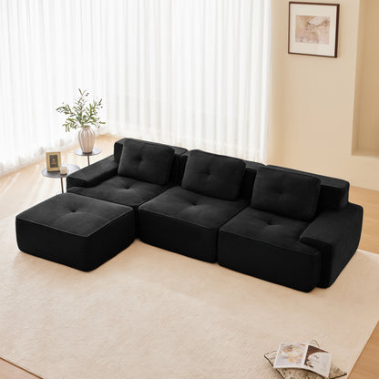 117" Modern L-Shaped Modular Sectional Sofa for Living Room, Corduroy Fabric,3-Seater Couch with Deep Seat and Movable Ottoman,Pearl-like piping, Tufted Design,No Assembly, Anti-slip Design​, Black image 1