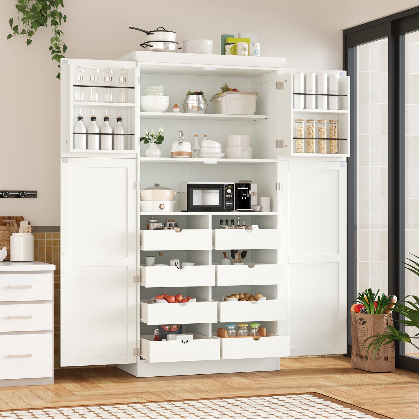 [Assembly Video Provided] TOPMAX 35.5x17.6x70.9inch Freestanding Kitchen Pantry Cabinet, Tall Storage Cabinet with 4 Doors, 2 Door Shelves, 8 Pull-out Trays and Adjustable Shelf for Dining Room, White image 1