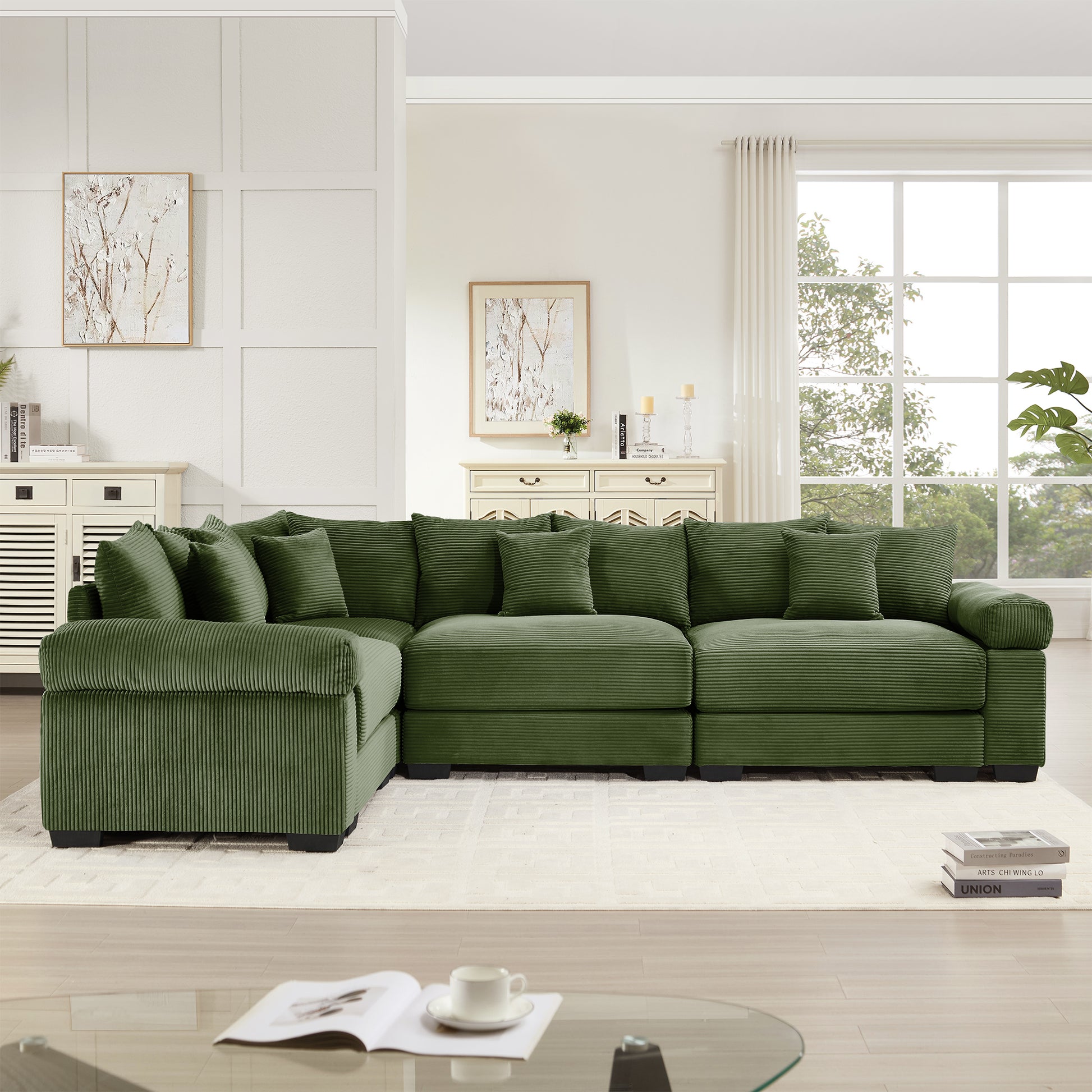 Oversized Cloud Modular Sectional Couch,Convertible Sectional Couches Deep Seat Extra-Wide Armrests, 13 Throw Pillows Premium Corduroy Fabric, Ergonomic Design,Easy Assembly, For Living Rooms,Green image 3