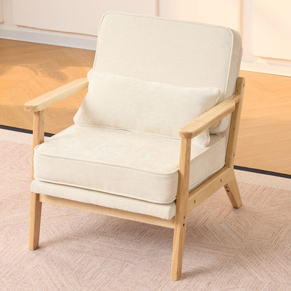 Mid-Century Modern Lounge Chair Single, Living Room Chair with Lumbar Pillow and Straight Wood Armrests, Accent Chair for Living Room, Bedroom, Indoor, Beige image 2