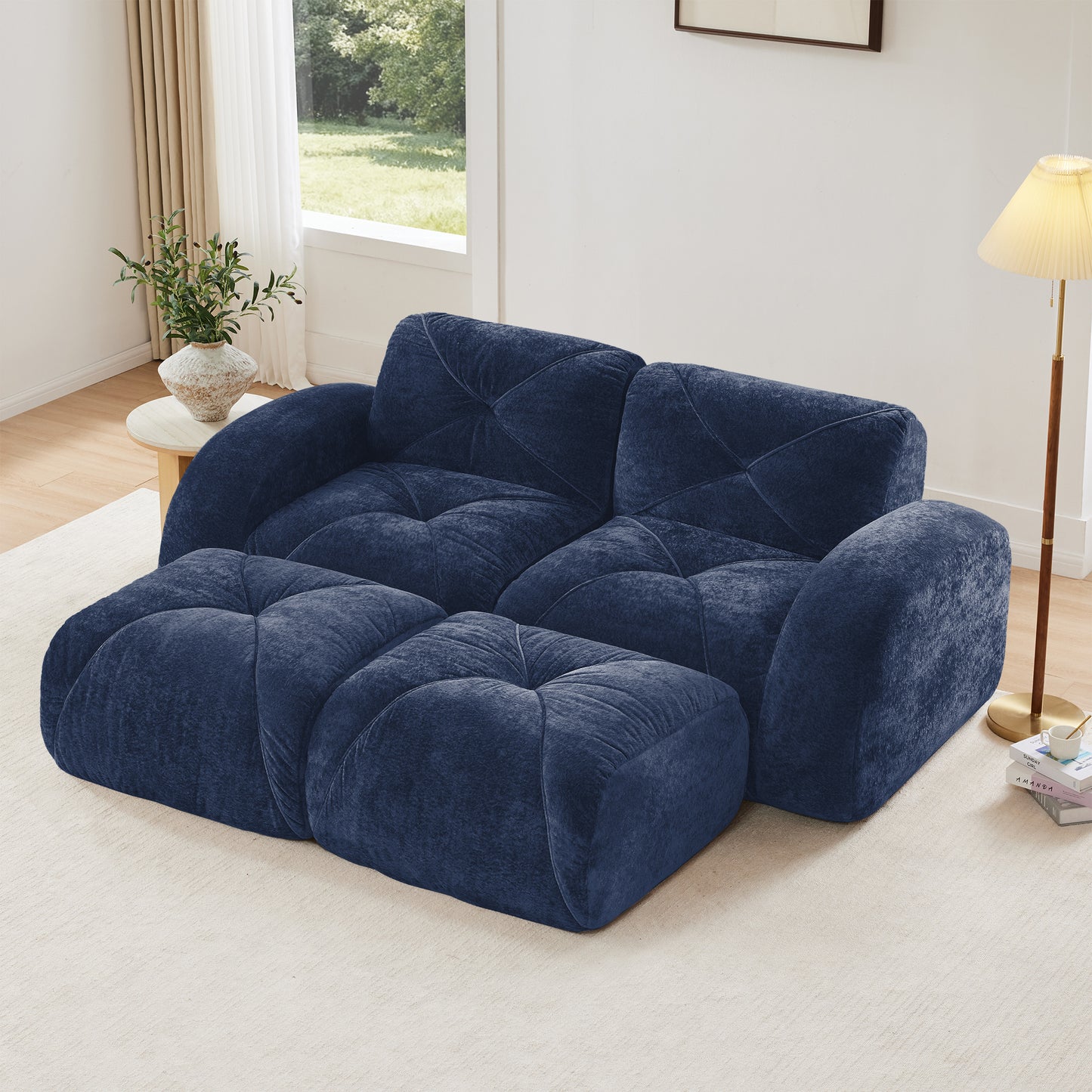 U-shaped Boneless Sofa,Soft Velvet Fabric,Tufted Design,32D High Density Sponge,No Assembly Required,Ergonomic Design Bottom, Anti-Slip Design,Movable Ottomans For Bedrooms,Blue image 1