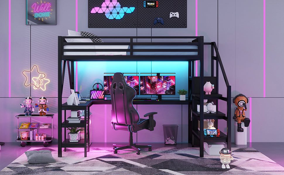 Metal Full Loft Bed with Wardrobe and LED Light, Full Size Loft Bed with L Shaped Desk and USB for Kids Teens Adults, Black(Old SKU W2593S00008,Expect Arrival Date 2026/2/25) image 8