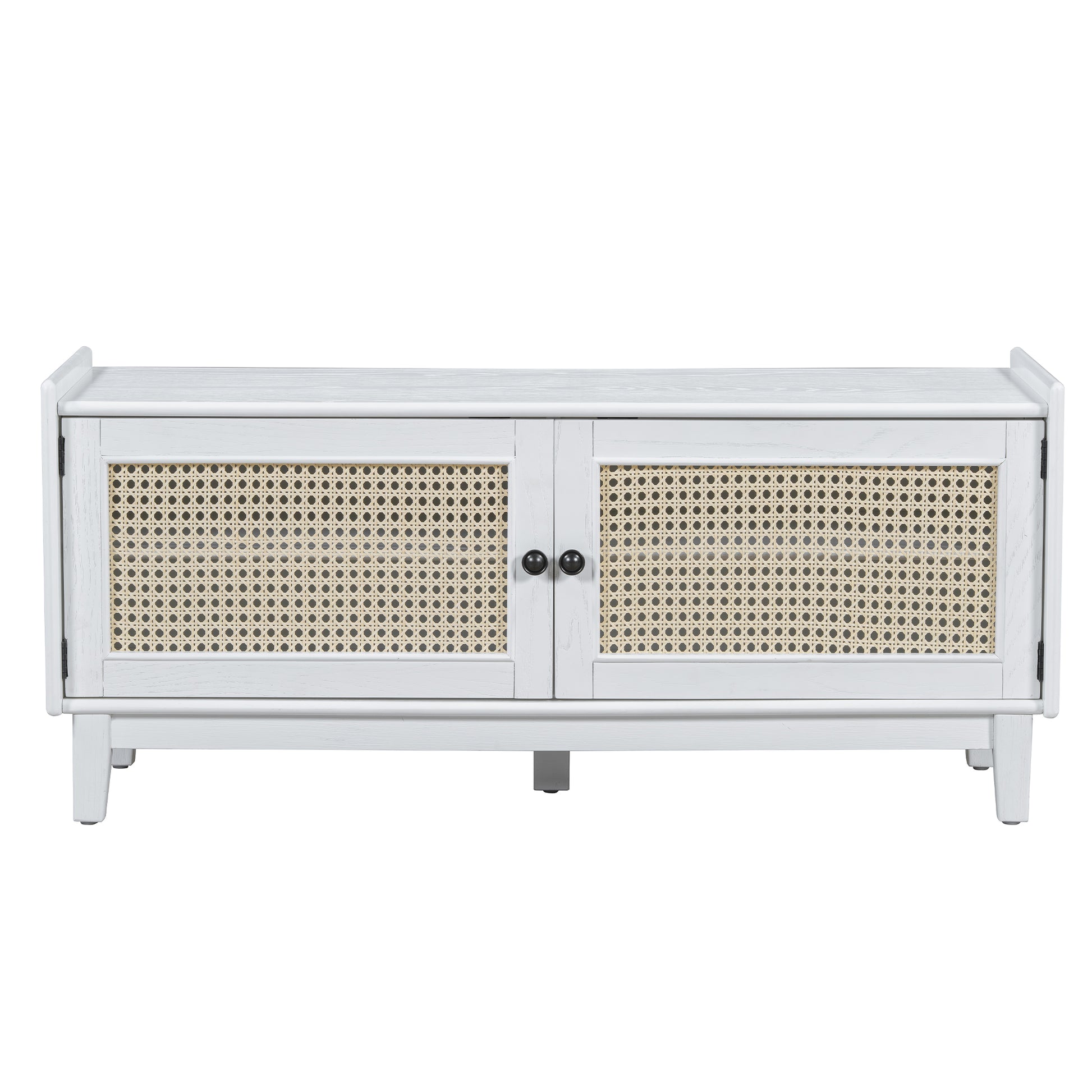 TREXM Boho Rattan Entryway Bench with Storage, Cushioned Shoe Bench with Double Doors, Wooden Shoe Organizer Bench for Entryway and Hallway (White+Beige) image 7