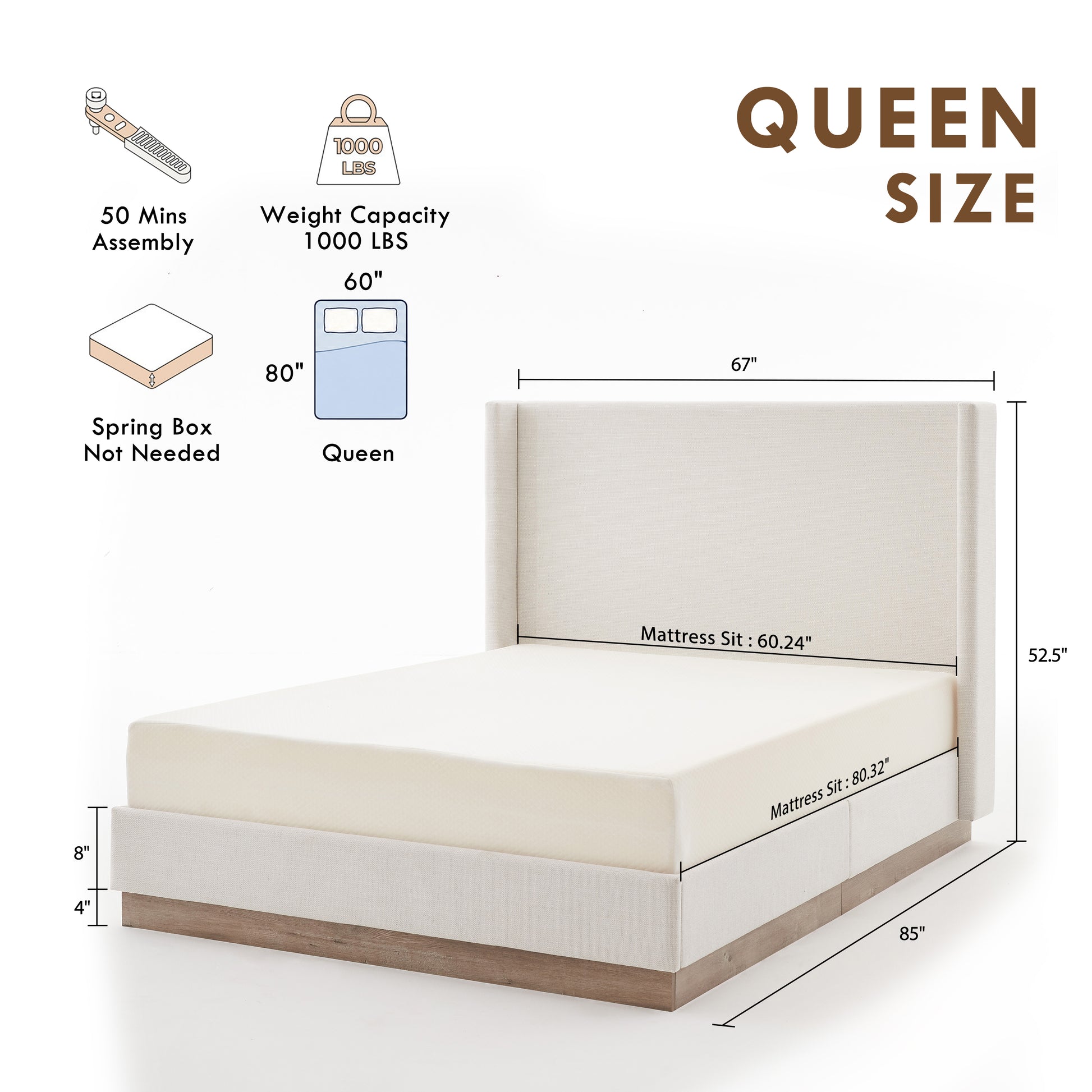 Hosford Upholstered Wingback Bed / Upholstered Wood Base Platform Bed / 52.5" High Headboard / Minimalist / Rusticity / No Box Spring Needed / Queen / Textured Ivory Canvas / No Noise image 8