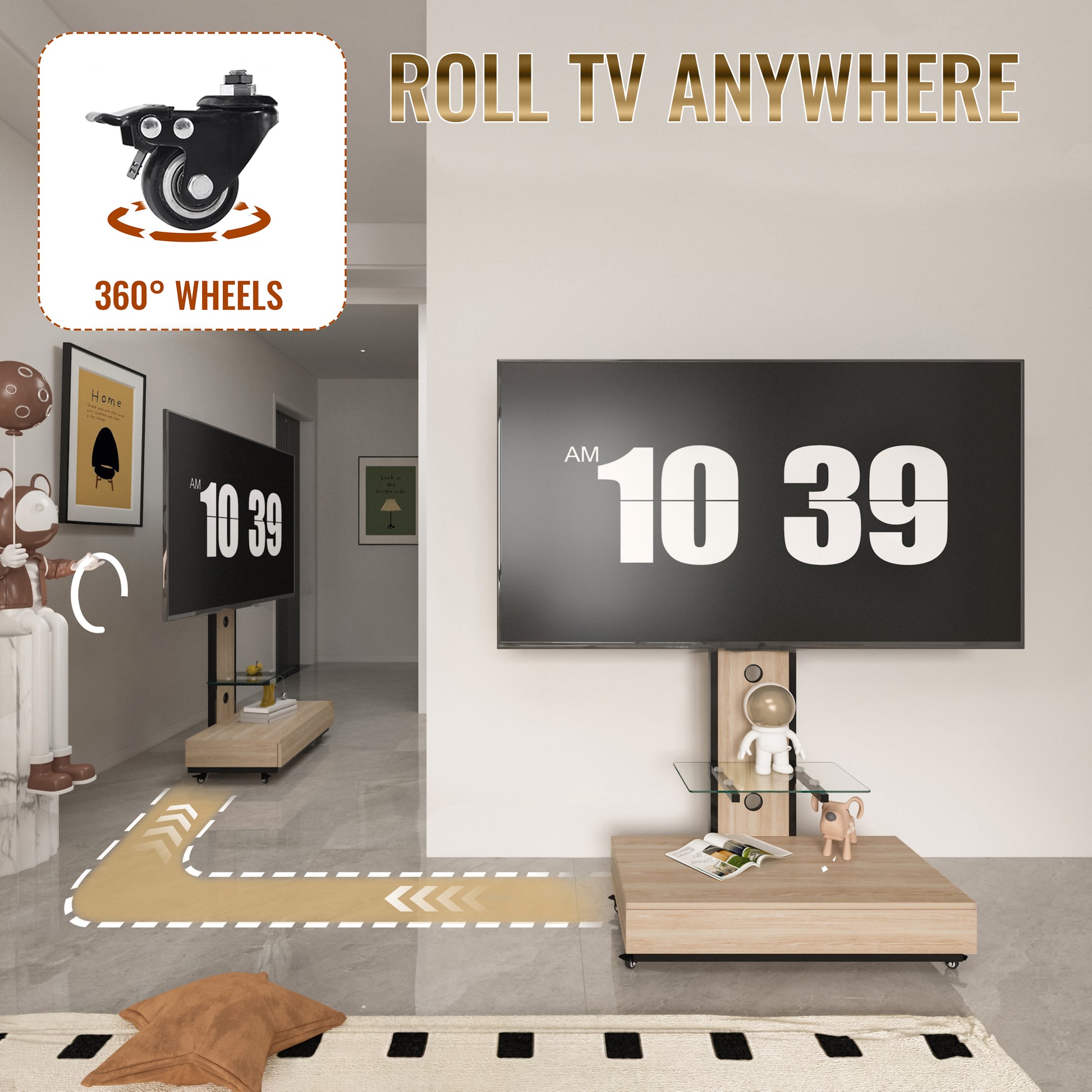 TV stand with push-pull drawer for Living Room, Bedroom,Offices,Mobile TV Cart for 32-75 inches,Wood &glass TV Stand,Floor Stand with Mount on Lockable Wheels,Natural image 5