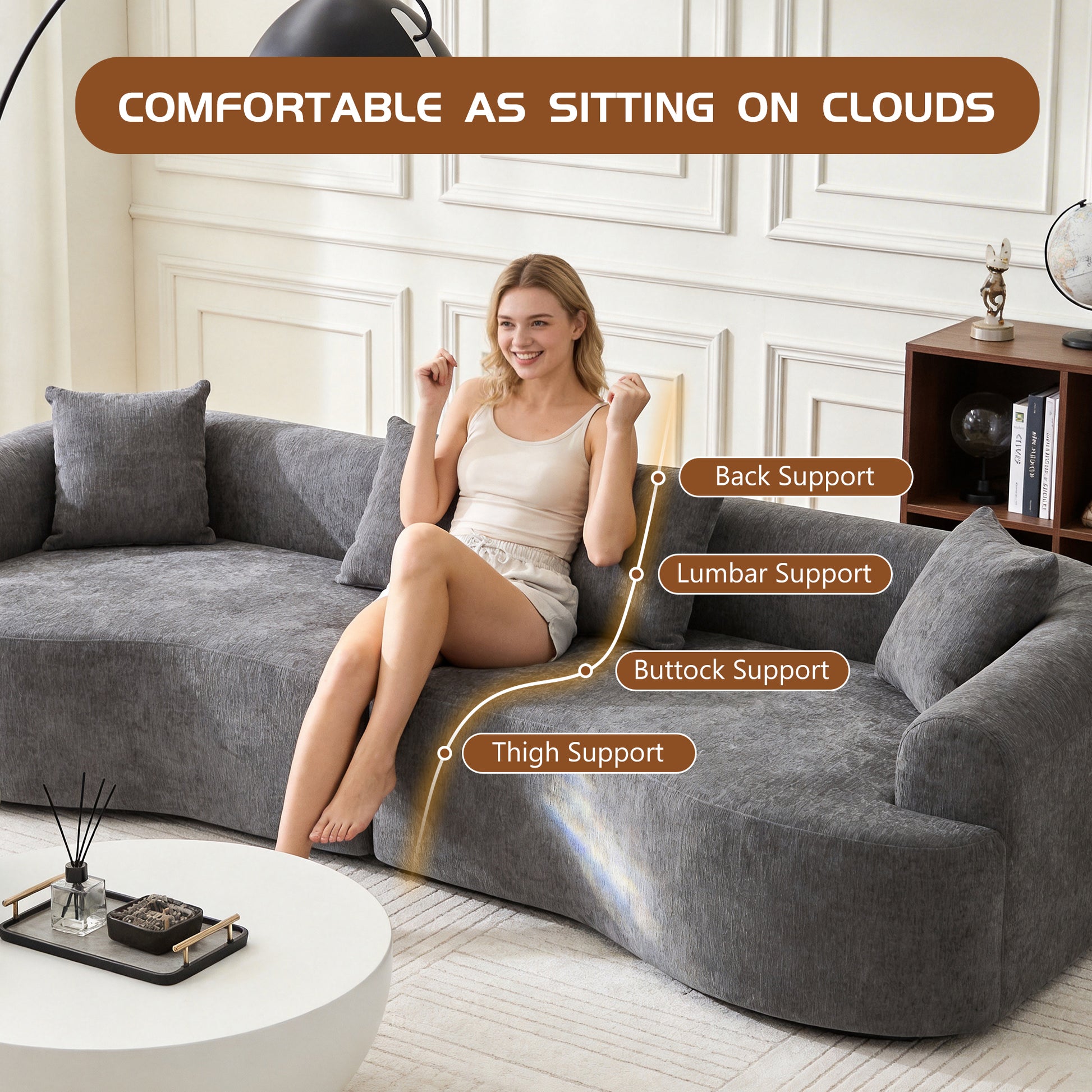 Curved Boneless Sofa,Compression Modular 108'' Sectional,Grey High-Density,Couches Sleeper for Living Room Bedroom Apartment Lounge,Chenille image 5
