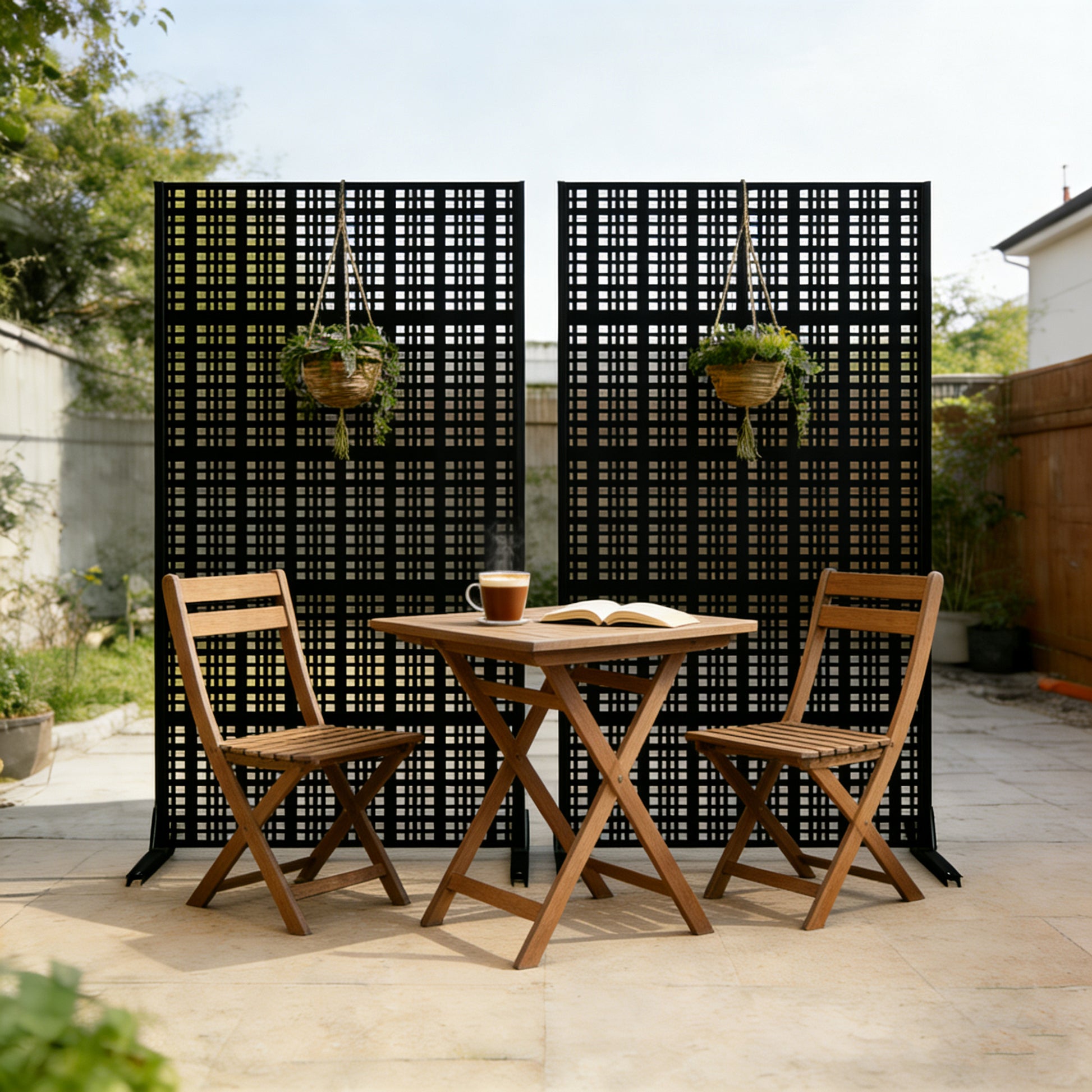 Metal Privacy Screens 72" H x 43.3" W Outdoor and Indoor Divider with Freestanding Decorative Privacy Screen Stylish Divider for Balcony, Patio, Garden & Indoor Spaces, Grid Black image 5