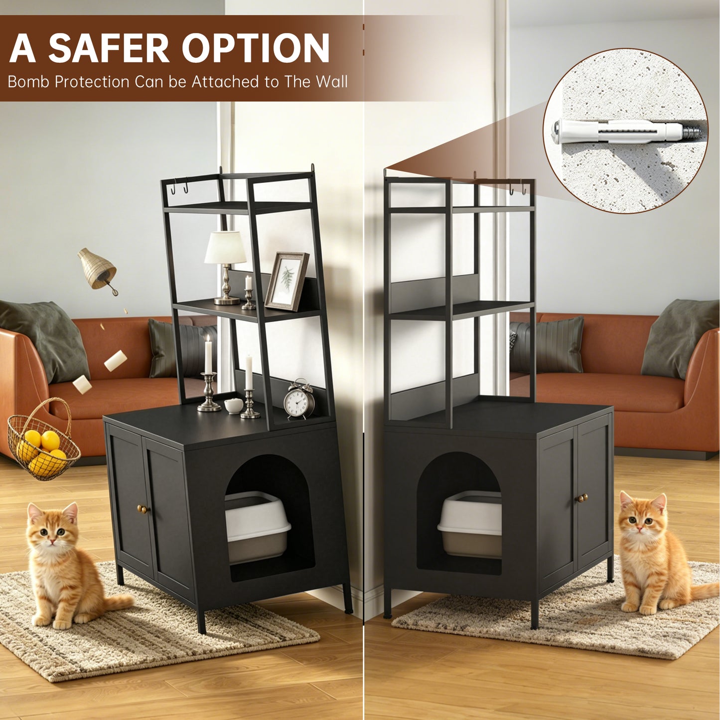 Metal Cat Litter Box Enclosure, 57" Tall Hidden Litter Box Cabinet with 3 Tier Storage Shelves, Large Indoor Cat House with Doors & 4 S-Hooks, Odor Control Pet Washroom Furniture for Large Cats, Black image 9