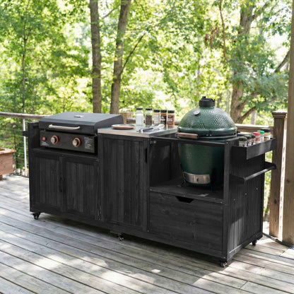K&K 80.5" Outdoor Kitchen Island for Big Green Egg& Blackstone Griddle, Solid Wood Grill Cart Table with Stainless Steel Top, Drawer for Large Big Green Egg and 21"/28" Blackstone Griddle, Black image 1