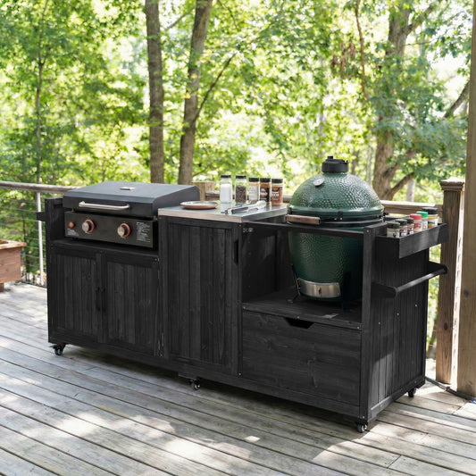 K&K 80.5" Outdoor Kitchen Island for Big Green Egg& Blackstone Griddle, Solid Wood Grill Cart Table with Stainless Steel Top, Drawer for Large Big Green Egg and 21"/28" Blackstone Griddle, Black image 1