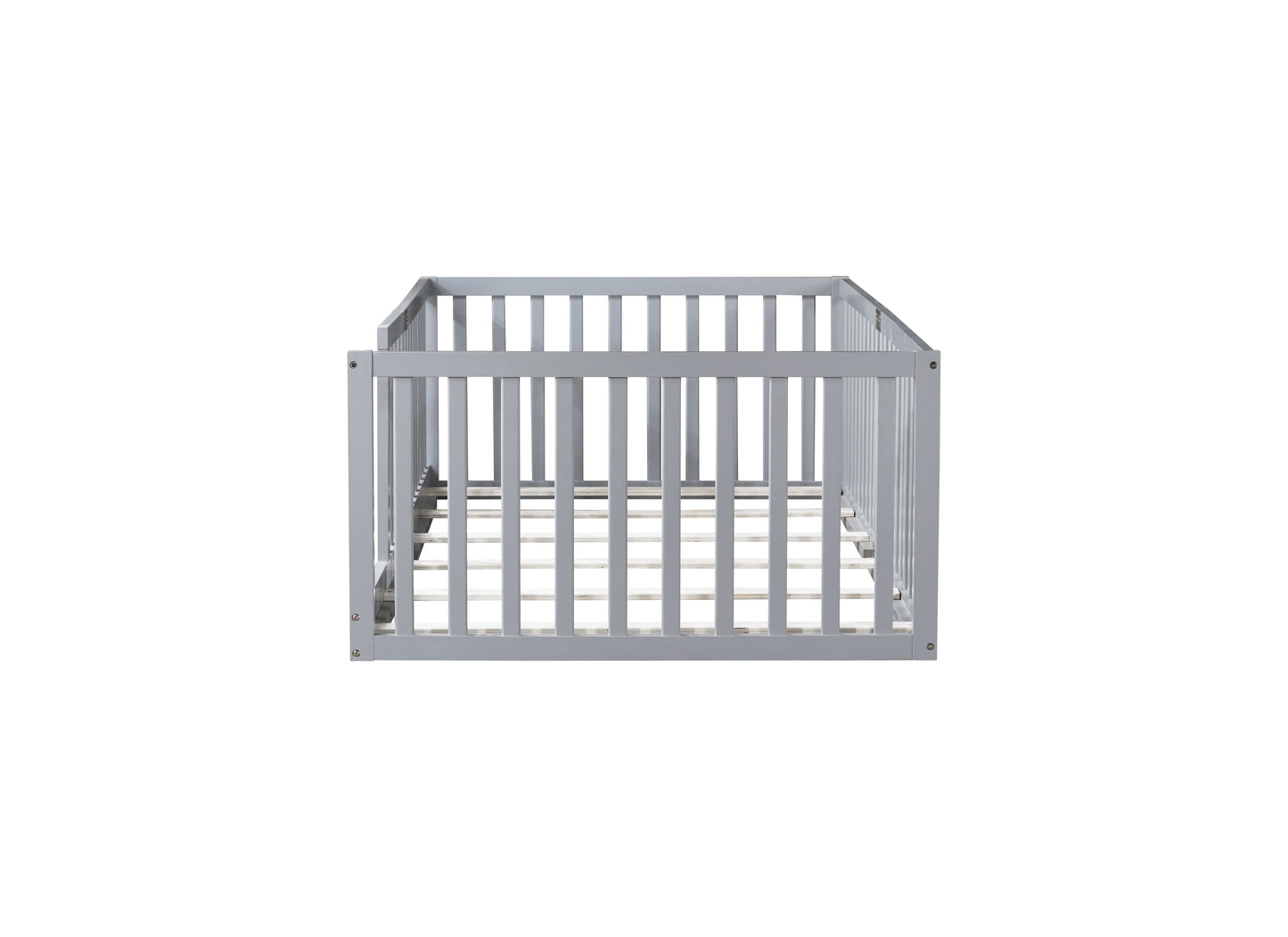 Twin Size Floor Bed with High Fence Railings, 6 Slats Included, Rubber Wood Floor Bed with Safety Guardrails, without Door,Grey image 11