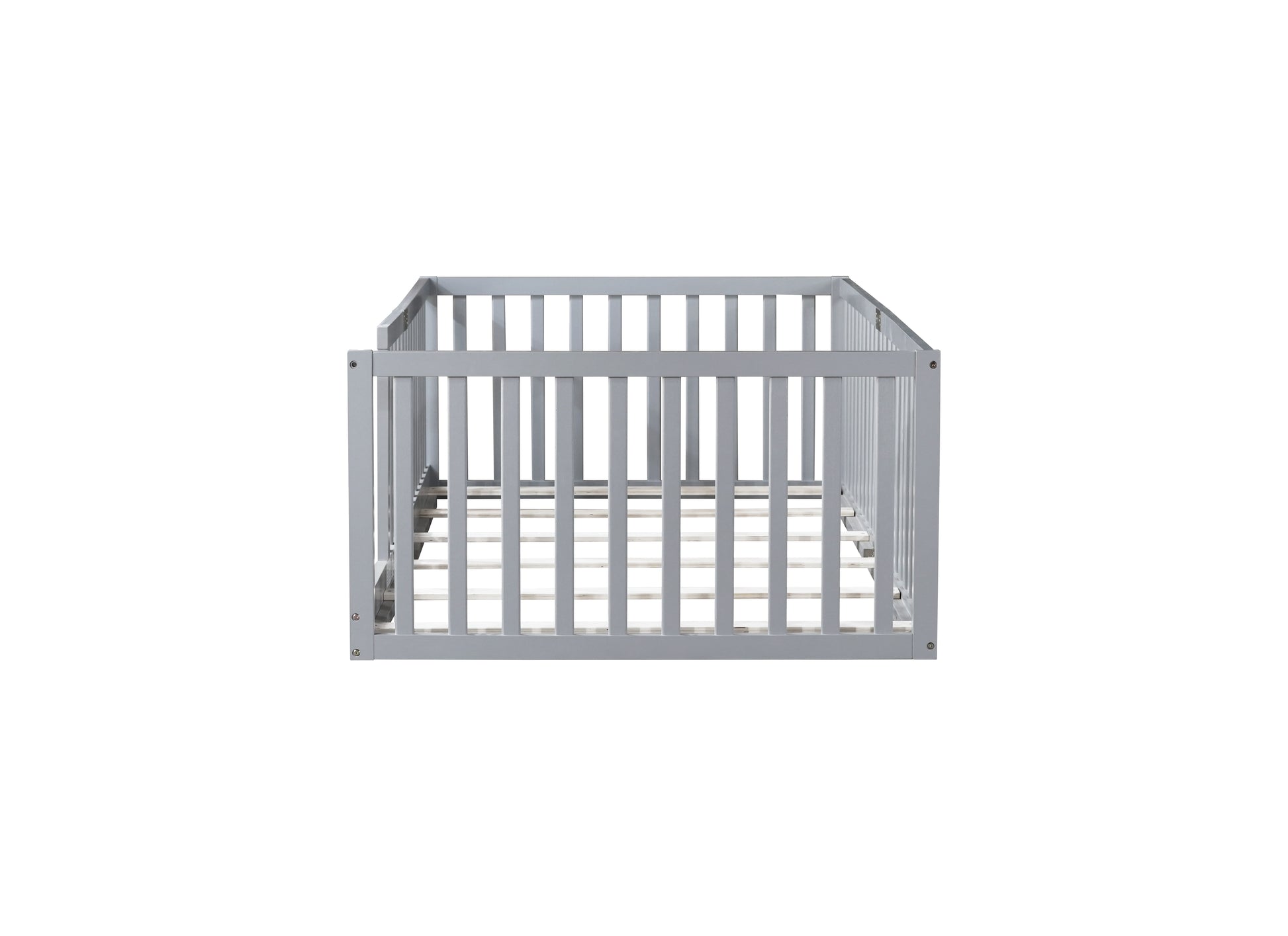 Twin Size Floor Bed with High Fence Railings, 6 Slats Included, Rubber Wood Floor Bed with Safety Guardrails, without Door,Grey image 11
