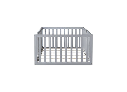 Twin Size Floor Bed with High Fence Railings, 6 Slats Included, Rubber Wood Floor Bed with Safety Guardrails, without Door,Grey image 11