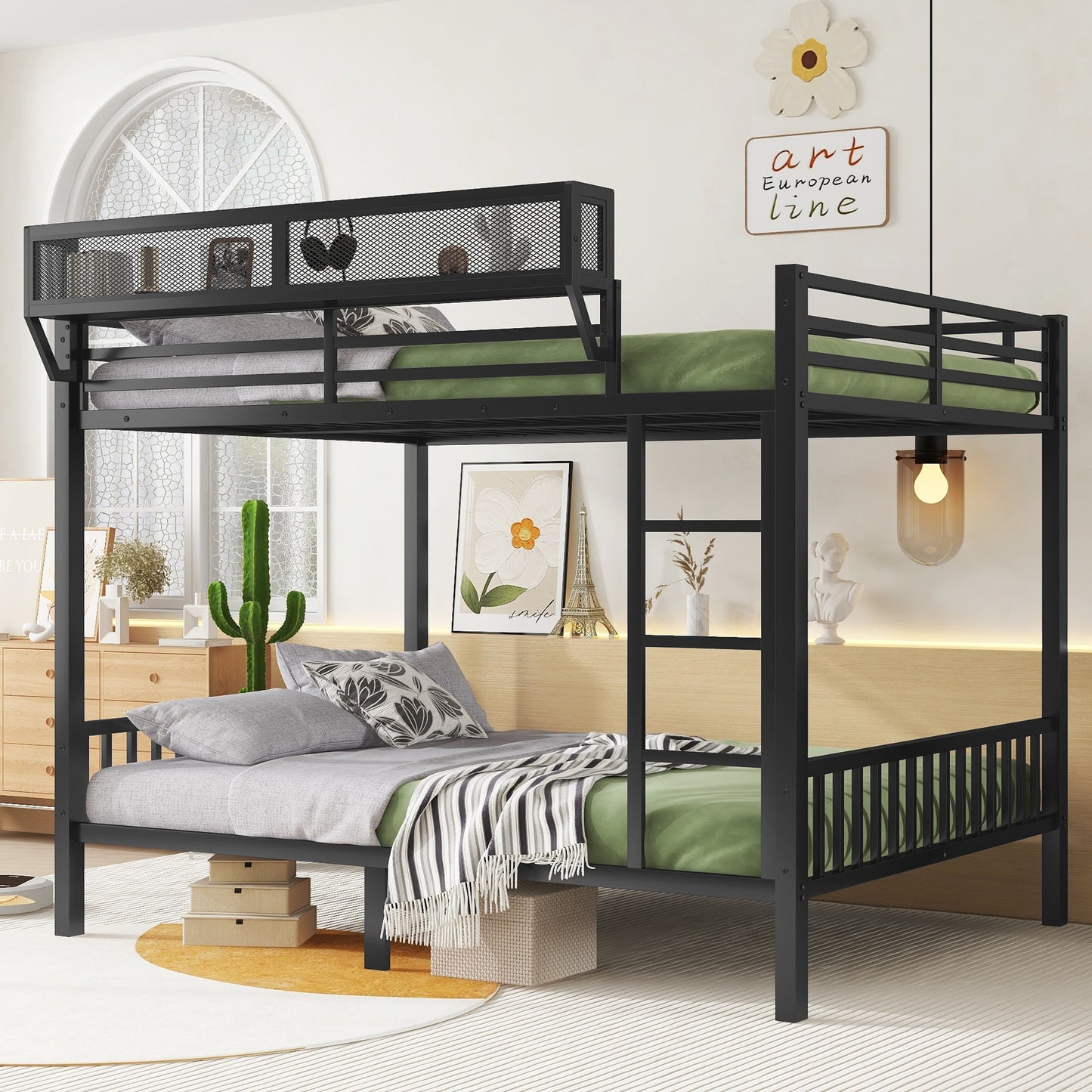 Queen Over Queen Metal Bunk Bed with Ladder and Storage Shelf for Adults Teens,Black(Expect Arrival Date 2025/9/12) image 1