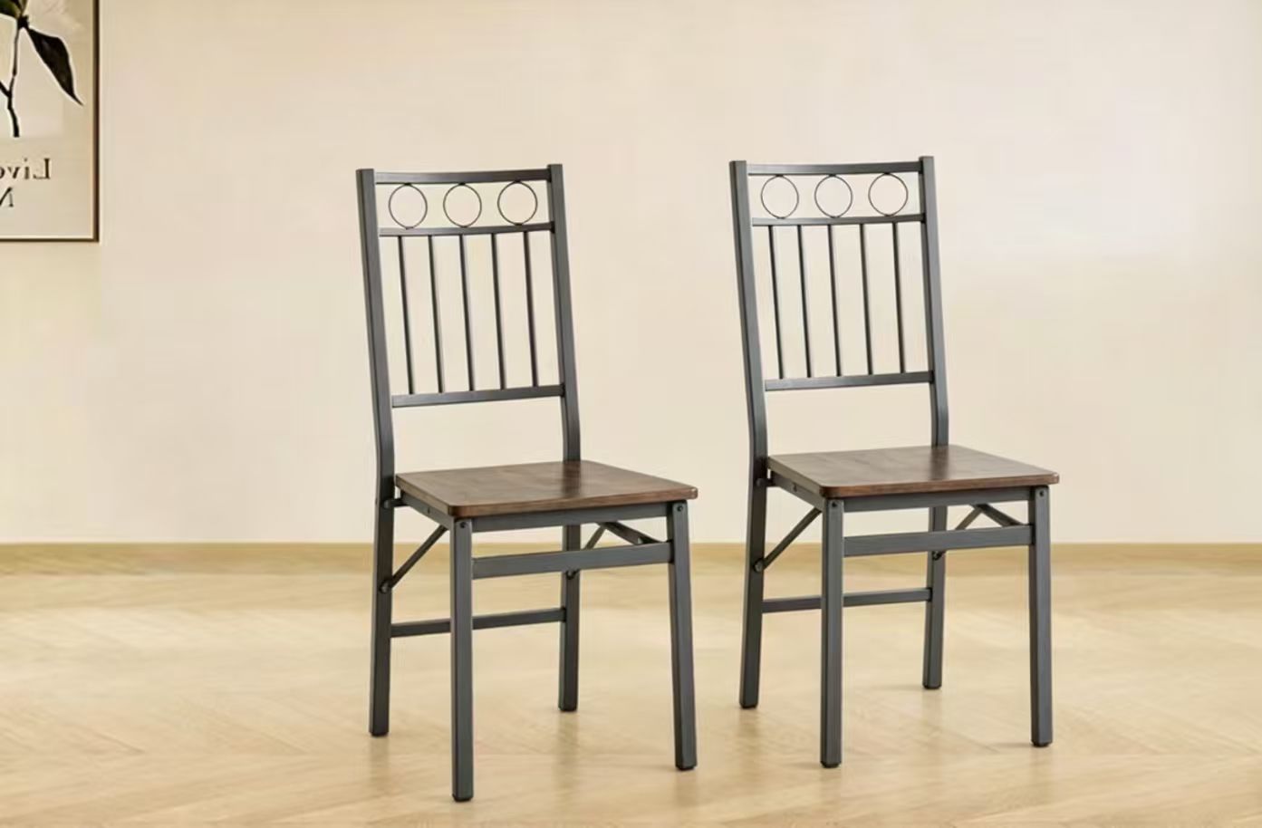 Set of 2 Dining Chairs, Metal & Wood Seat, Folding Retro Modern Style for Dining Room & Kitchen image 1