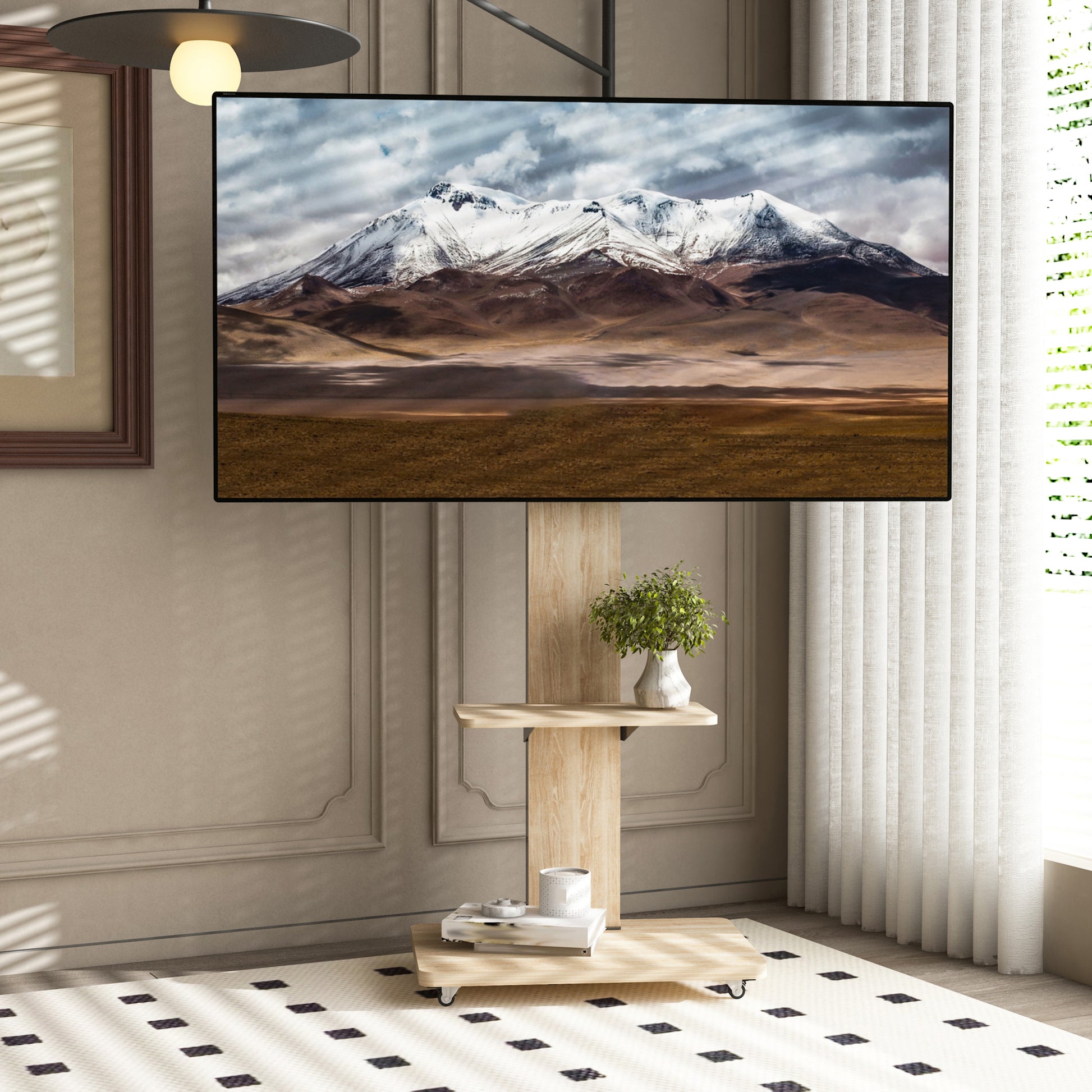 TV Stand with Shelf for Living Room, Bedroom,Offices,Mobile TV Cart for 32-75 inches,Floor Stand with Mount on Lockable Wheels,Natural image 1
