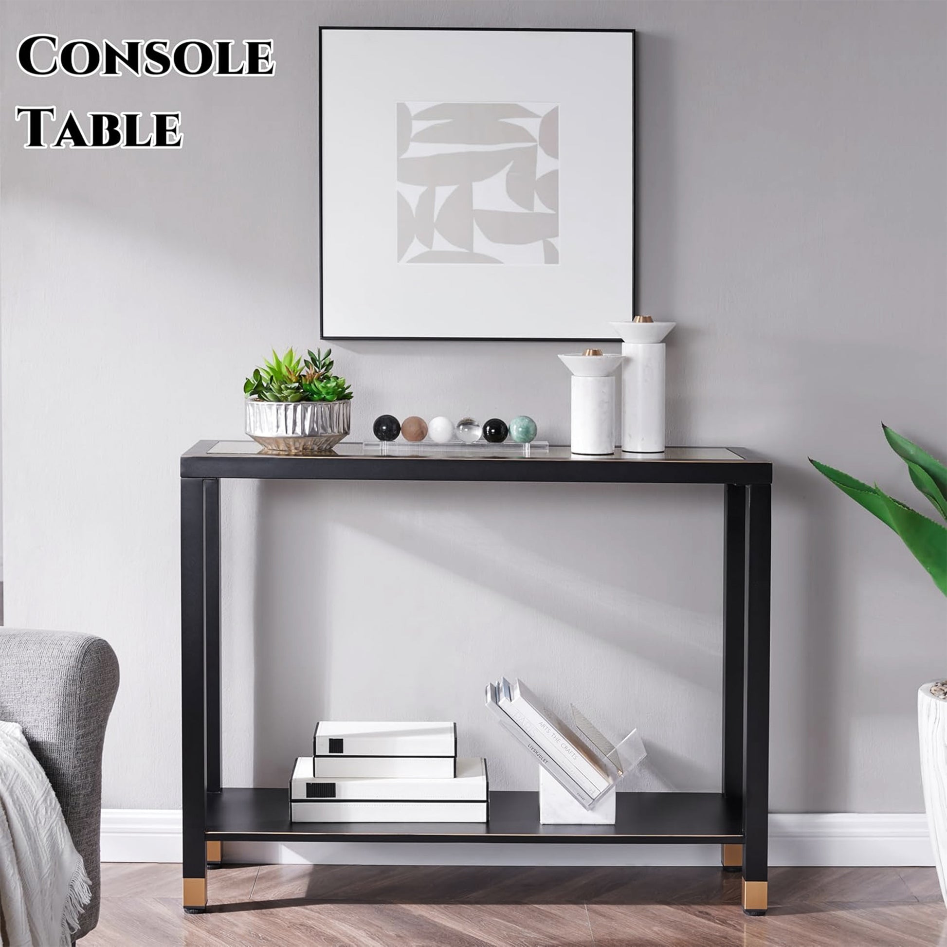Glass Entryway Table, 2-Tier Entry Way Console Entrance Table, 41"L Narrow Sofa Table with Shelves, Ideal for Hallway, Entryway, Living Room, Foyer, Corridor, and Office (Gold & Black) image 4