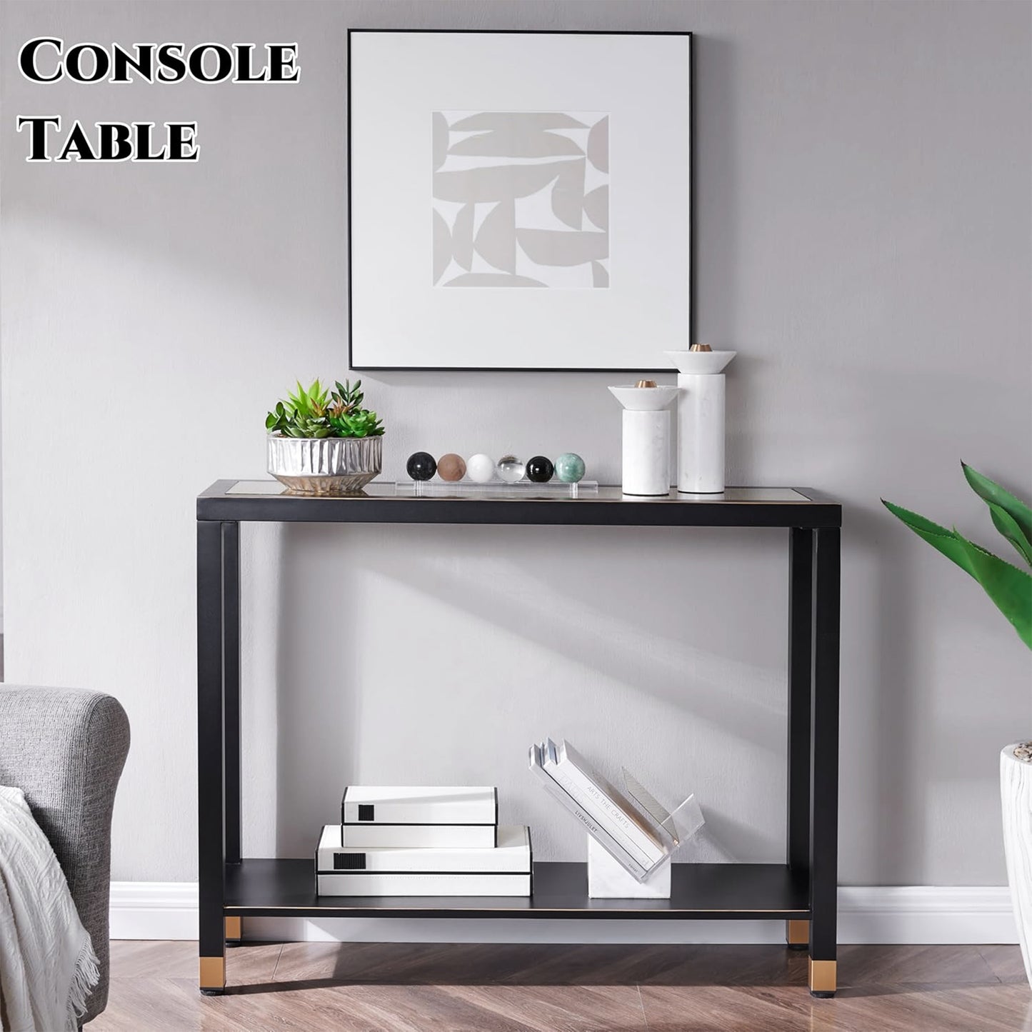 Glass Entryway Table, 2-Tier Entry Way Console Entrance Table, 41"L Narrow Sofa Table with Shelves, Ideal for Hallway, Entryway, Living Room, Foyer, Corridor, and Office (Gold & Black) image 4