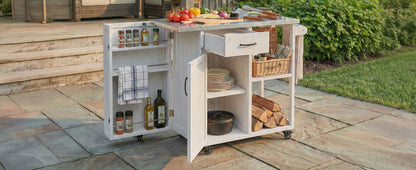 Outdoor Kitchen Island Fir Wood Prep Station Lockable Kitchen Cart with Stainless Top, Ample Storage Space, Towel and Spice Racks for Patio and Outdoor, White image 2